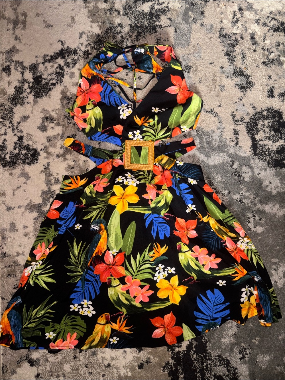 SHEIN Black Tropical Floral Maxi Dress with Multicolor Print